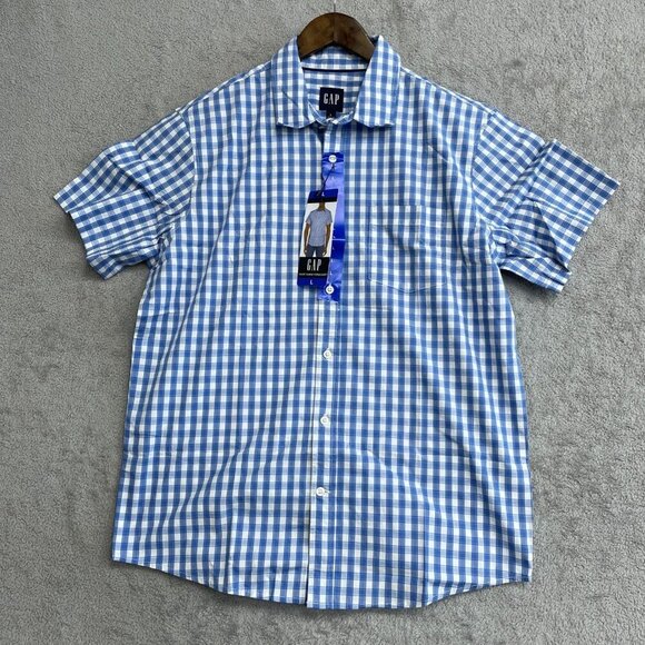 NEW Gap Men's Size L Short Sleeve Blue Plaid Button up Shirt - Picture 4 of 9